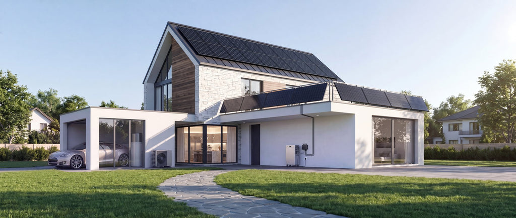 SolarFlow 4000 Mix AC+ junto a una vivienda con placas solares